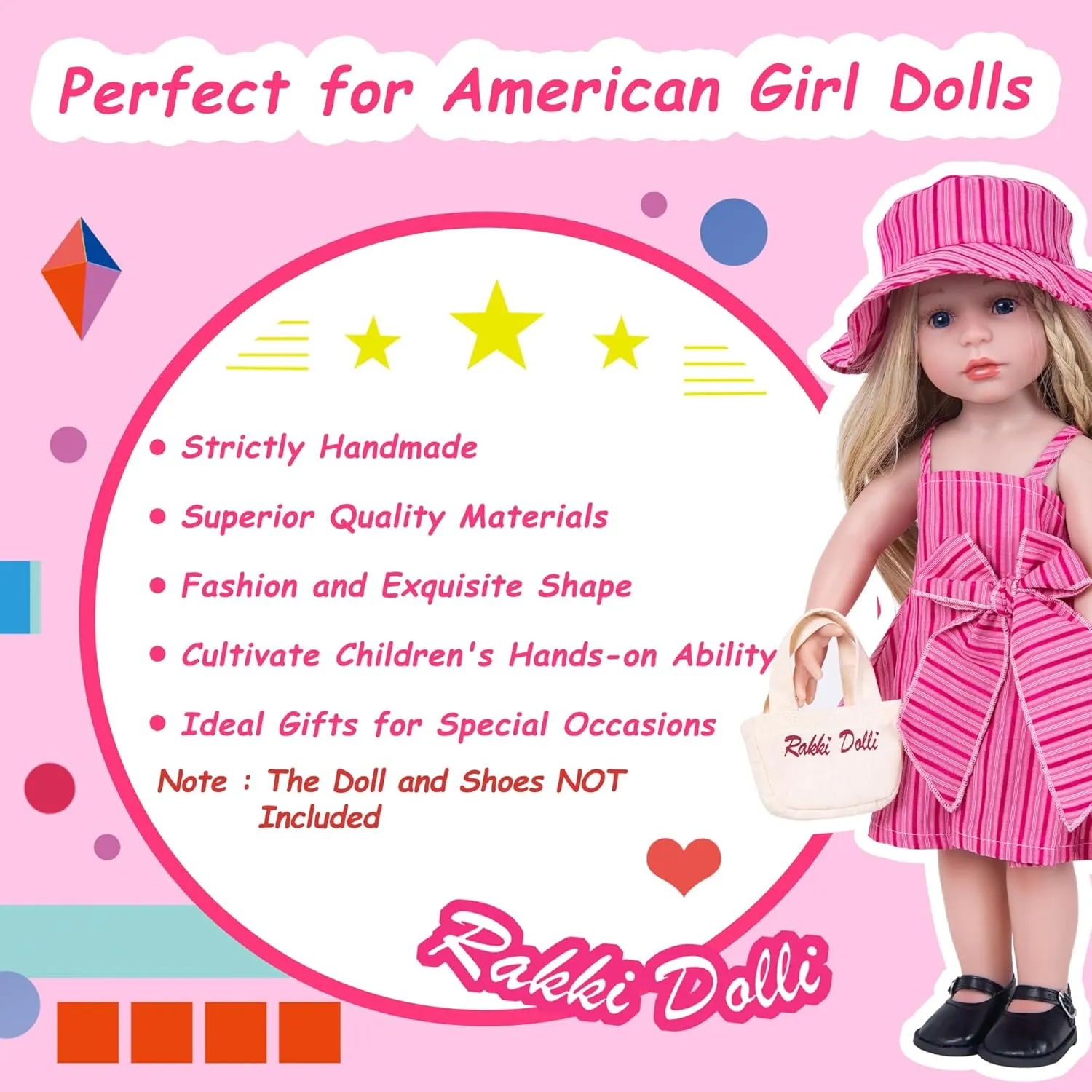 Doll Clothes Accessories 4 Pcs Set with Pink Princess Dresses Striped Camisole Dress Halter Dress & Hat & White Underwear & Fashion Canvas Handbag (Doll & Shoes Not Included)