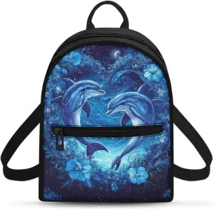 Dolphin Floral Women Backpack Small Size Multi-fuction Daypack with Adjustable Straps Casual Travel Shoulder Bags Blue