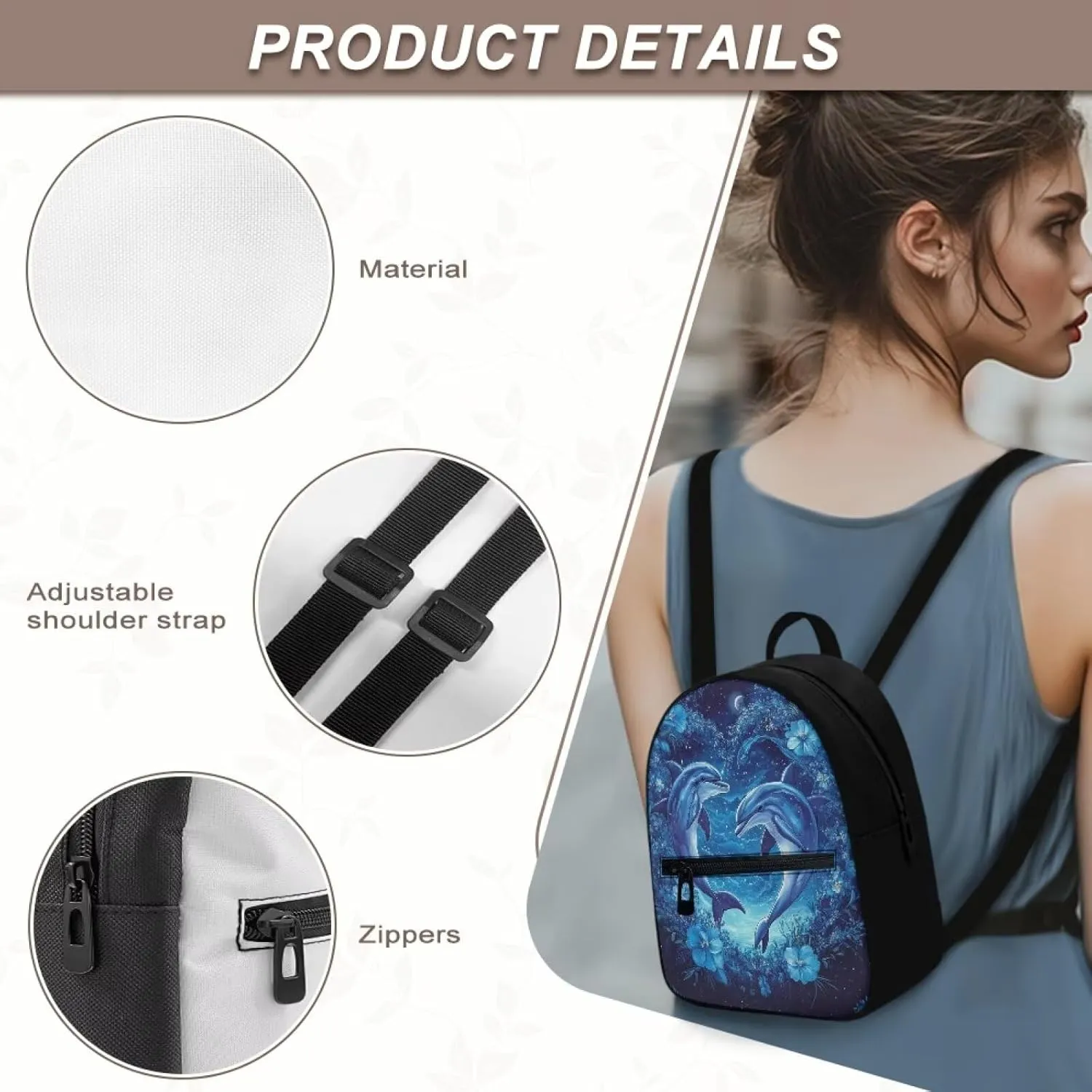 Dolphin Floral Women Backpack Small Size Multi-fuction Daypack with Adjustable Straps Casual Travel Shoulder Bags Blue