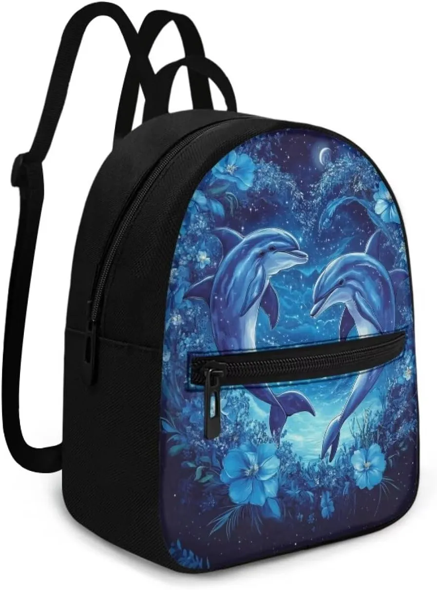 Dolphin Floral Women Backpack Small Size Multi-fuction Daypack with Adjustable Straps Casual Travel Shoulder Bags Blue