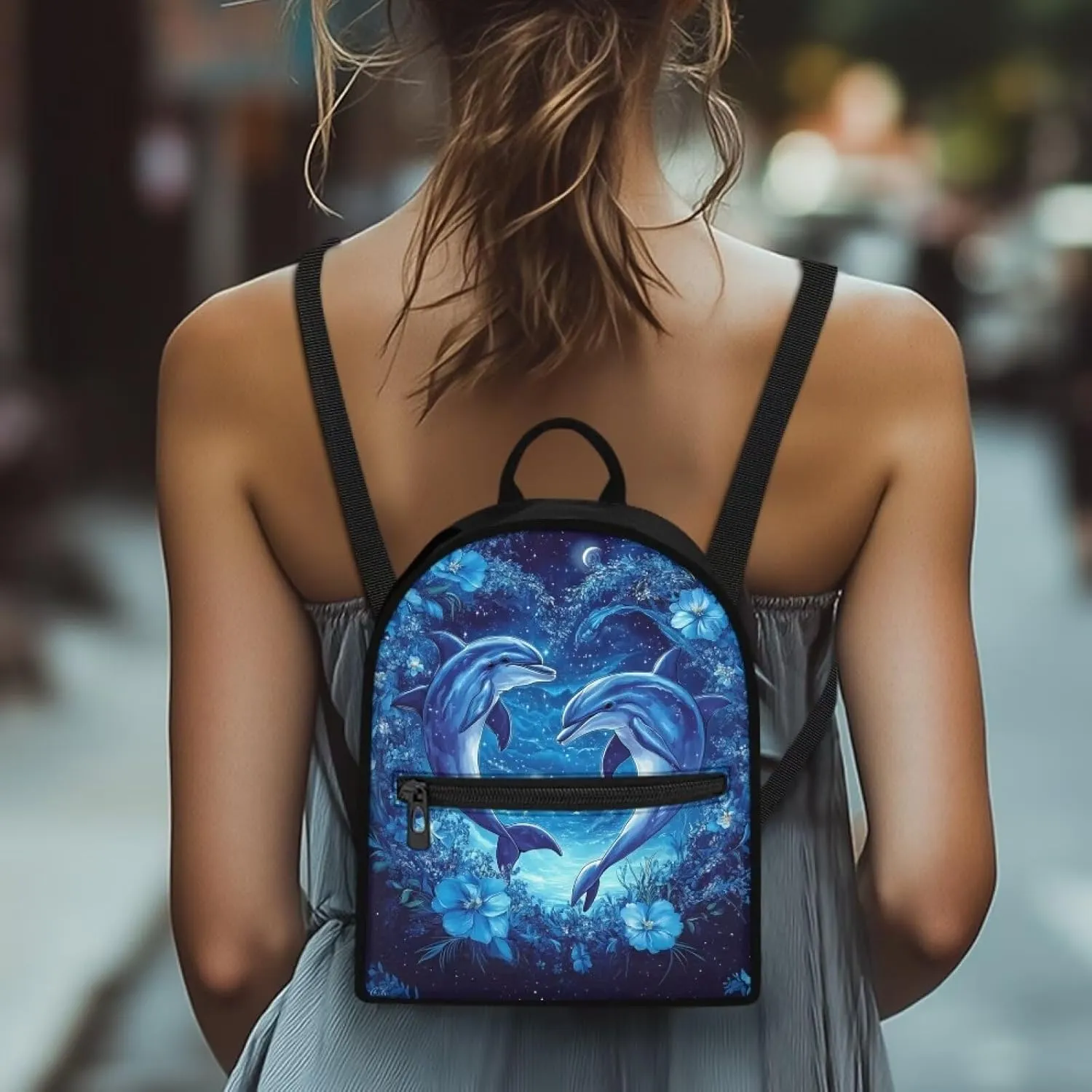 Dolphin Floral Women Backpack Small Size Multi-fuction Daypack with Adjustable Straps Casual Travel Shoulder Bags Blue
