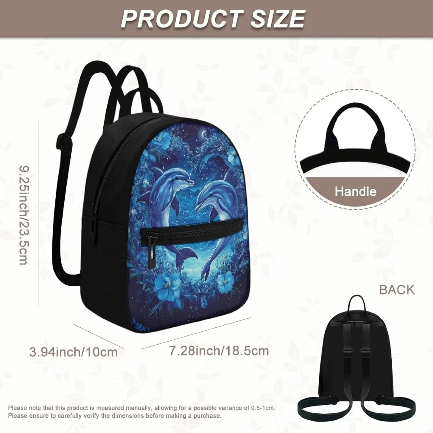 Dolphin Floral Women Backpack Small Size Multi-fuction Daypack with Adjustable Straps Casual Travel Shoulder Bags Blue