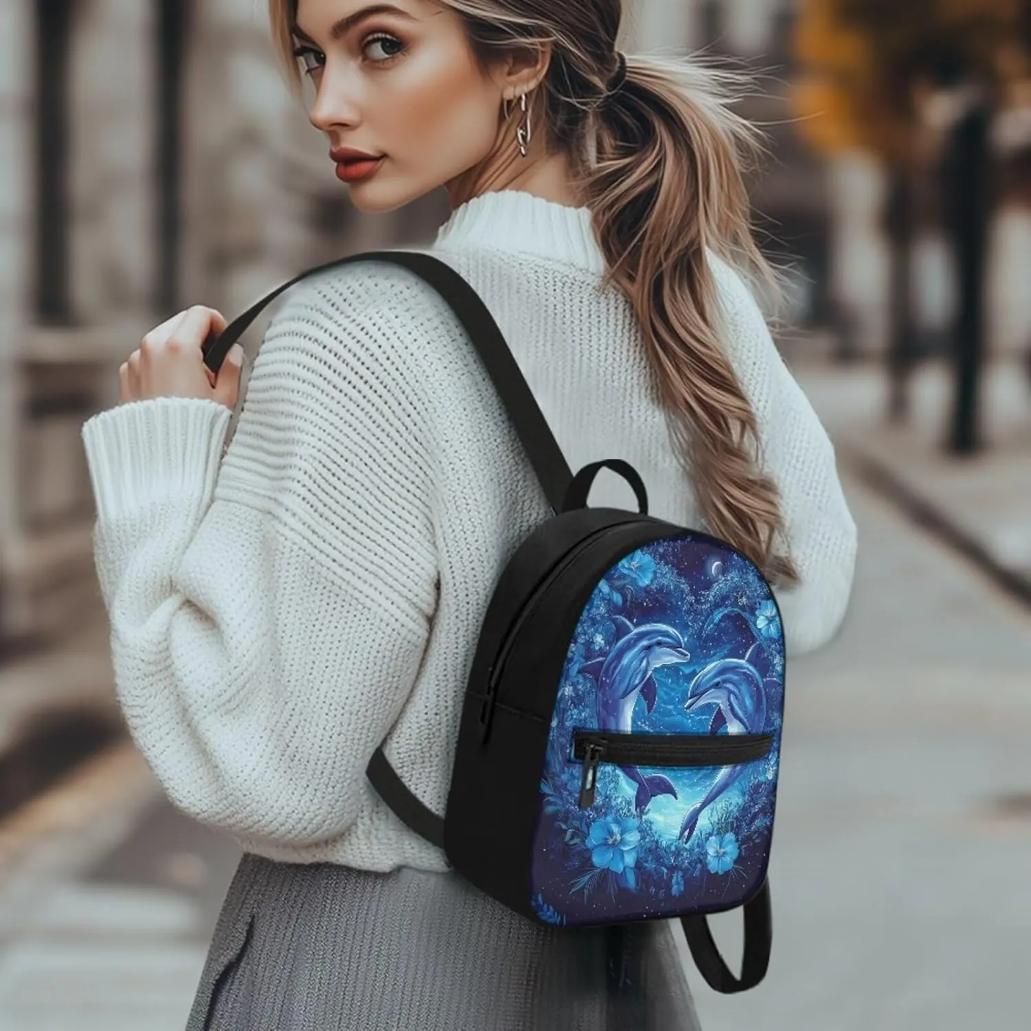 Dolphin Floral Women Backpack Small Size Multi-fuction Daypack with Adjustable Straps Casual Travel Shoulder Bags Blue