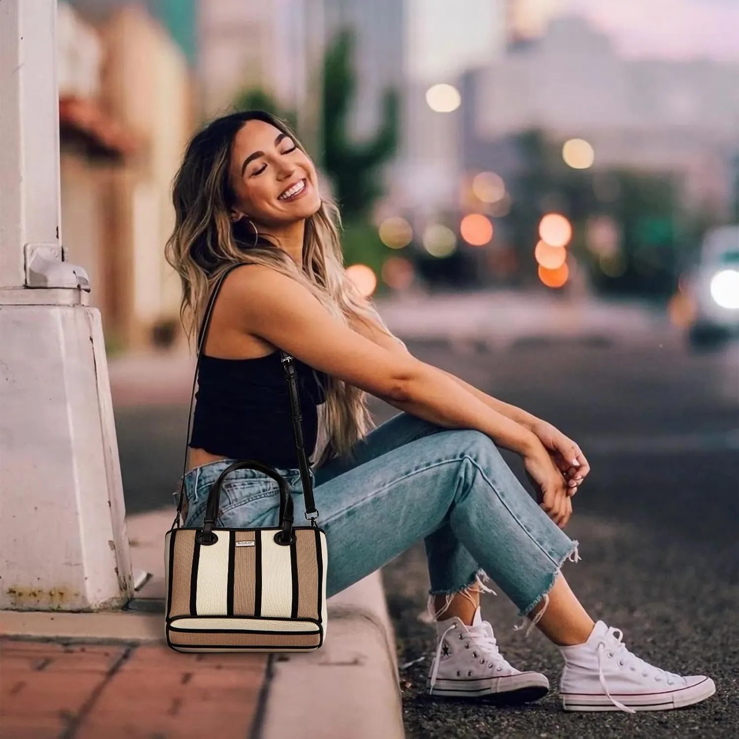 DOMAT Handbag for Women, Unique Striped Satchel Purse, Shoulder Bag, Crossbody Tote Bag, Top-Handle Bag