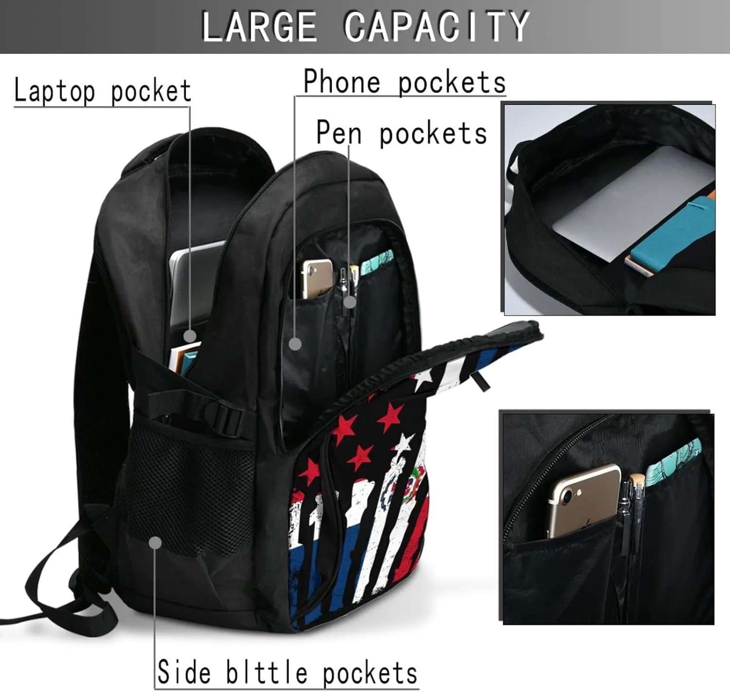 Dominican Roots American Pride Flag Travel Backpacks Casual Backpack Large Capacity Laptop Rucksack Luggage Daypacks with USB Charging Port Multi-Pockets Bags for Hiking