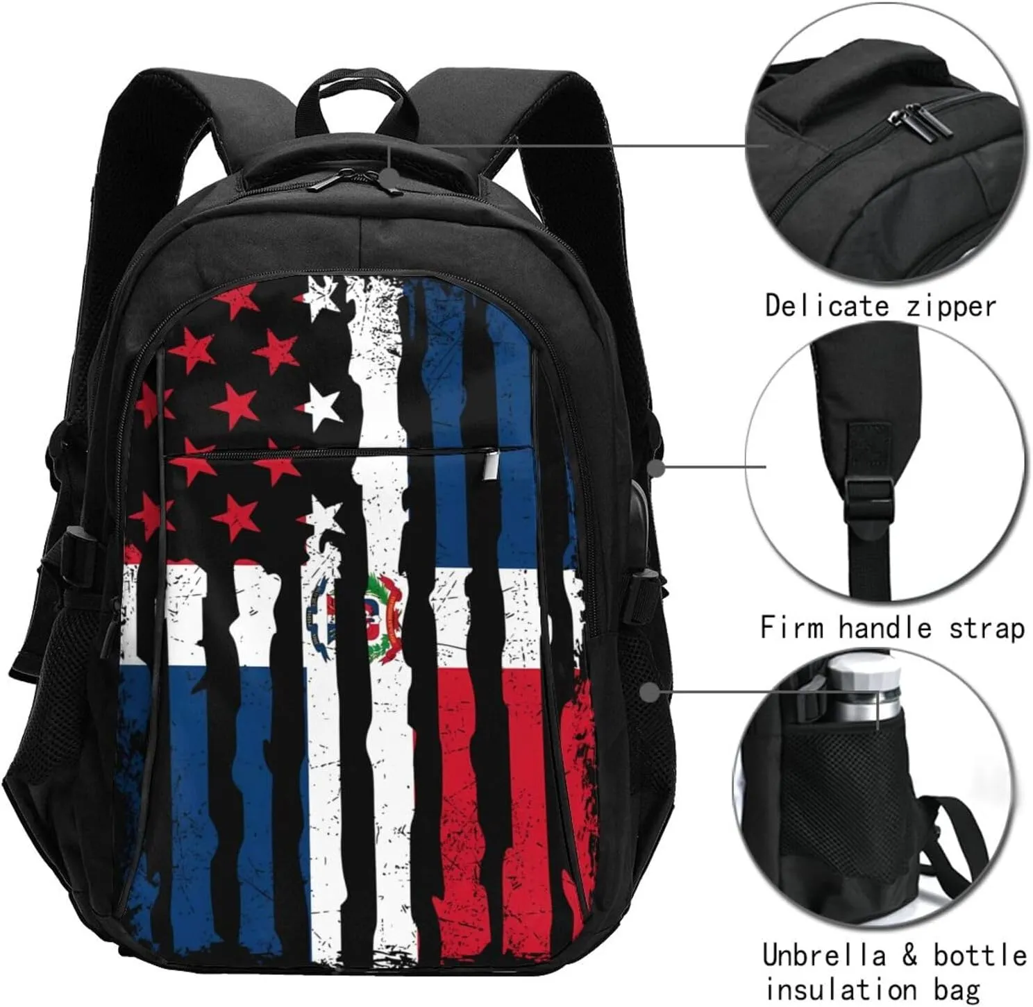 Dominican Roots American Pride Flag Travel Backpacks Casual Backpack Large Capacity Laptop Rucksack Luggage Daypacks with USB Charging Port Multi-Pockets Bags for Hiking