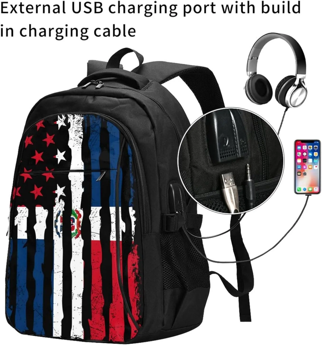 Dominican Roots American Pride Flag Travel Backpacks Casual Backpack Large Capacity Laptop Rucksack Luggage Daypacks with USB Charging Port Multi-Pockets Bags for Hiking