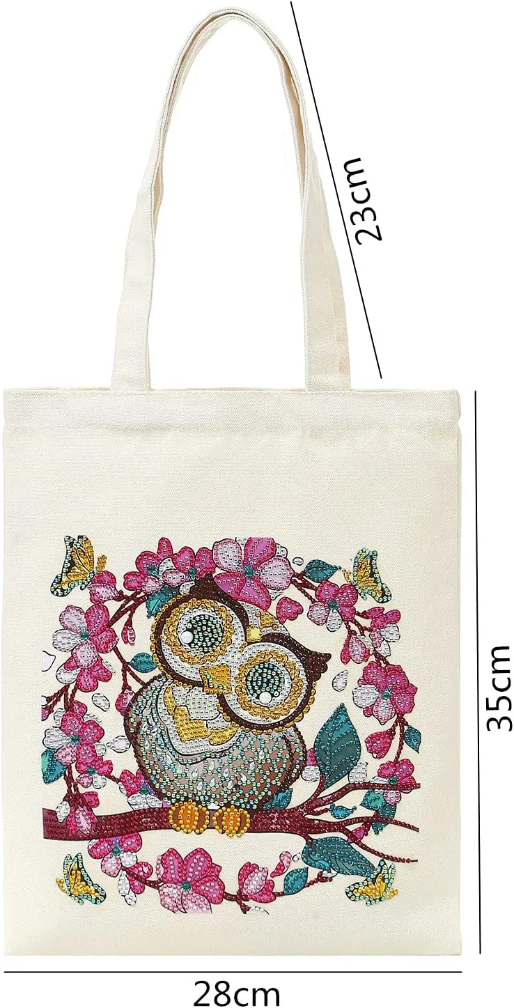 DOOSAI 4 Pack Diamond Painting Canvas Tote Bags Art Kits 5D Boho Diamond Dots Dotz Kits Reusable Grocery Bags DIY Handbags Handmade Gifts Shopping Bags for Women Adults (Owls Butterflys)