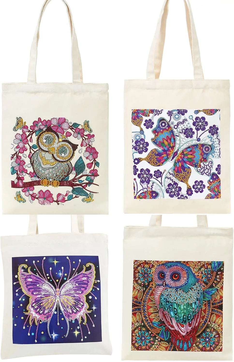 DOOSAI 4 Pack Diamond Painting Canvas Tote Bags Art Kits 5D Boho Diamond Dots Dotz Kits Reusable Grocery Bags DIY Handbags Handmade Gifts Shopping Bags for Women Adults (Owls Butterflys)