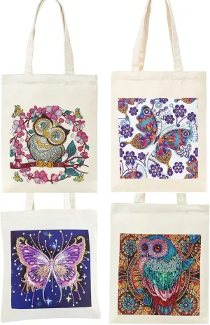 DOOSAI 4 Pack Diamond Painting Canvas Tote Bags Art Kits 5D Boho Diamond Dots Dotz Kits Reusable Grocery Bags DIY Handbags Handmade Gifts Shopping Bags for Women Adults (Owls Butterflys)