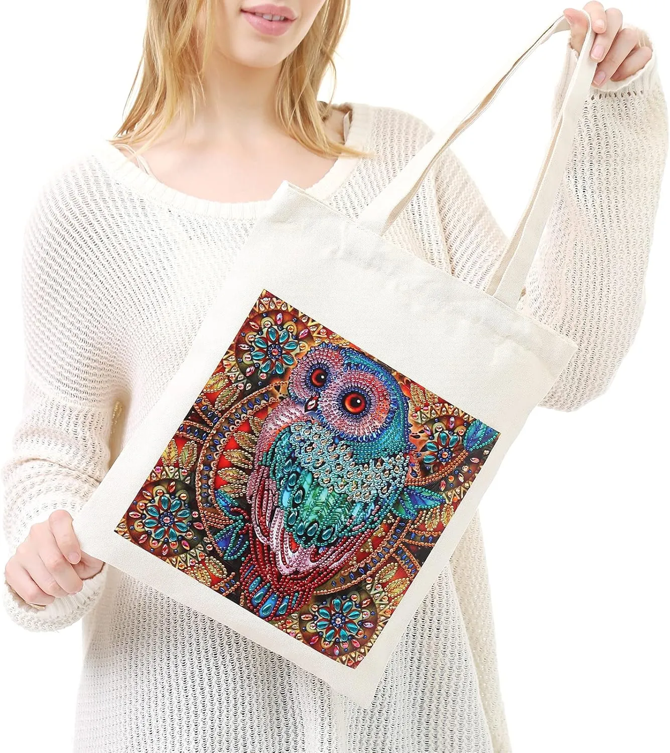 DOOSAI 4 Pack Diamond Painting Canvas Tote Bags Art Kits 5D Boho Diamond Dots Dotz Kits Reusable Grocery Bags DIY Handbags Handmade Gifts Shopping Bags for Women Adults (Owls Butterflys)