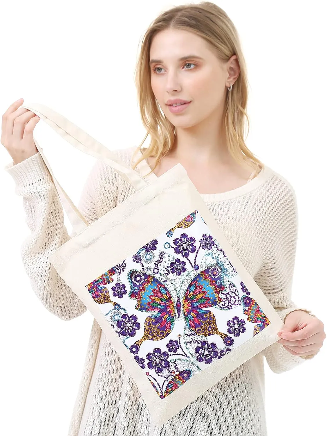 DOOSAI 4 Pack Diamond Painting Canvas Tote Bags Art Kits 5D Boho Diamond Dots Dotz Kits Reusable Grocery Bags DIY Handbags Handmade Gifts Shopping Bags for Women Adults (Owls Butterflys)