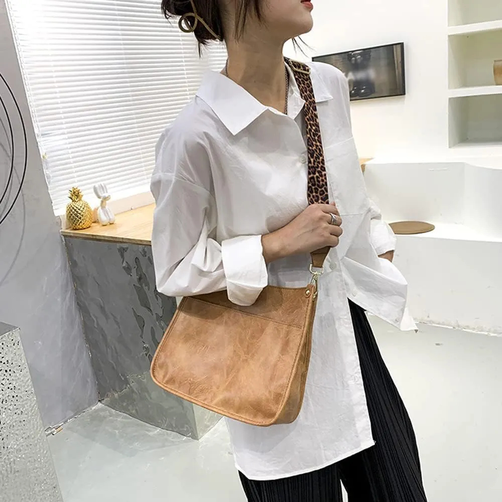 Downupdown Crossbody Bags for Women Designer Satchel Handbags Leather Purse Shoulder Bag with Leopard Print Shoulder Strap
