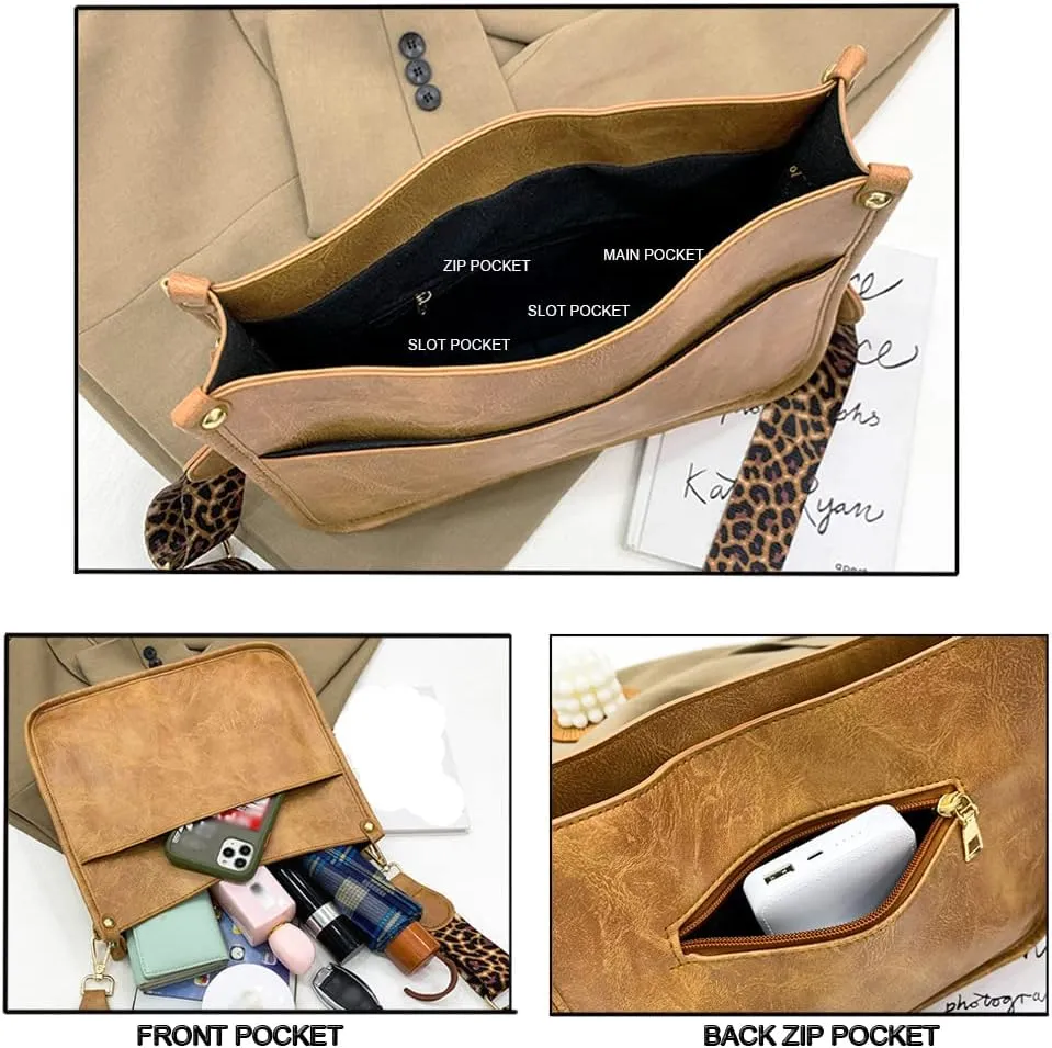 Downupdown Crossbody Bags for Women Designer Satchel Handbags Leather Purse Shoulder Bag with Leopard Print Shoulder Strap
