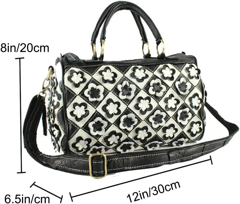 Downupdown Genuine Leather Boston Bags for Women 3D Floral Top Handle Handbags Purses Satchel Shoulder Crossbody Bag Tote Bag