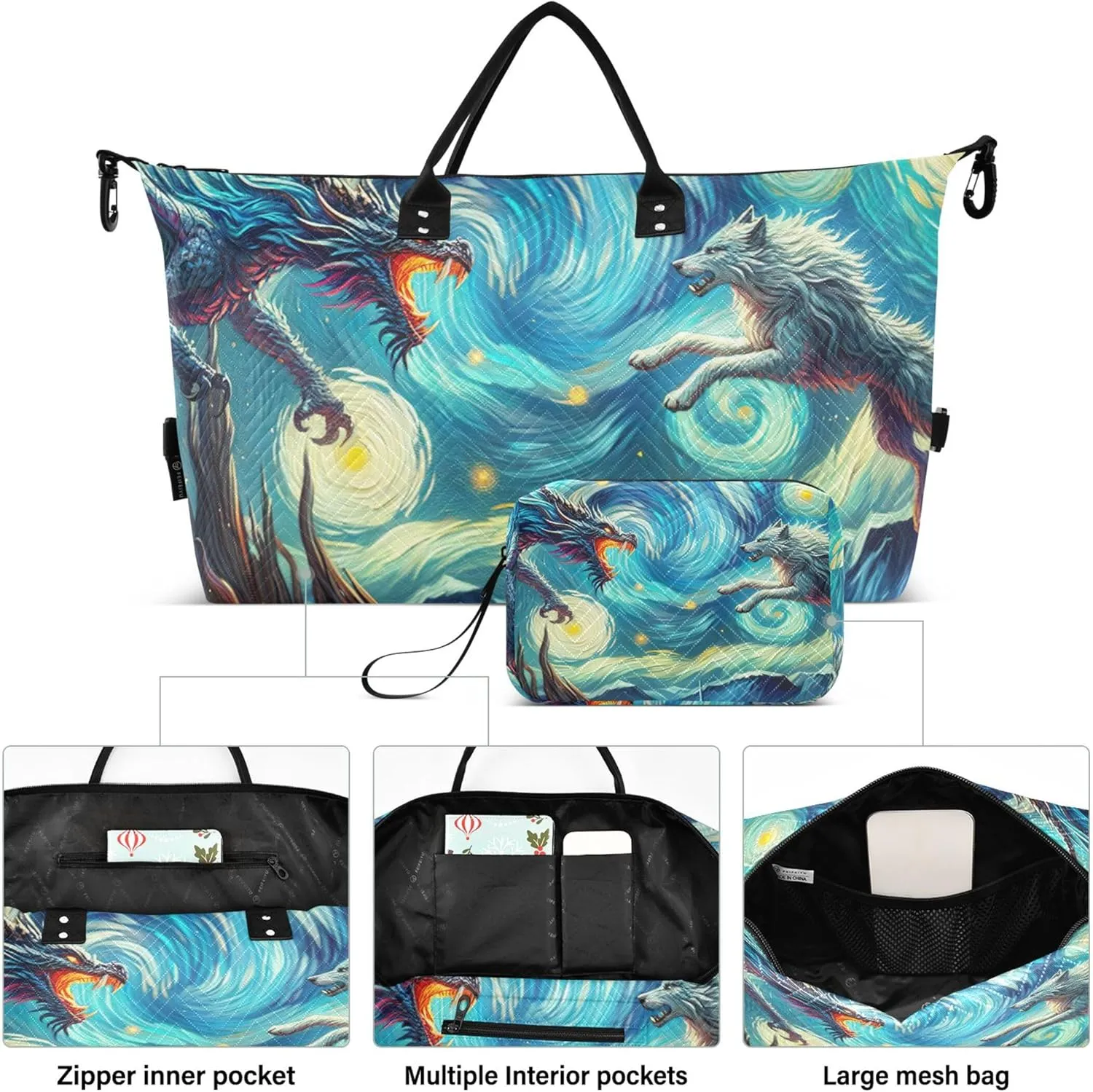 Dragon Vs Wolf in Starry Night by Van Duffle Bag Travel Makeup Bag Set of 2, Print Gym Bag Small Overnight Hospital Bag
