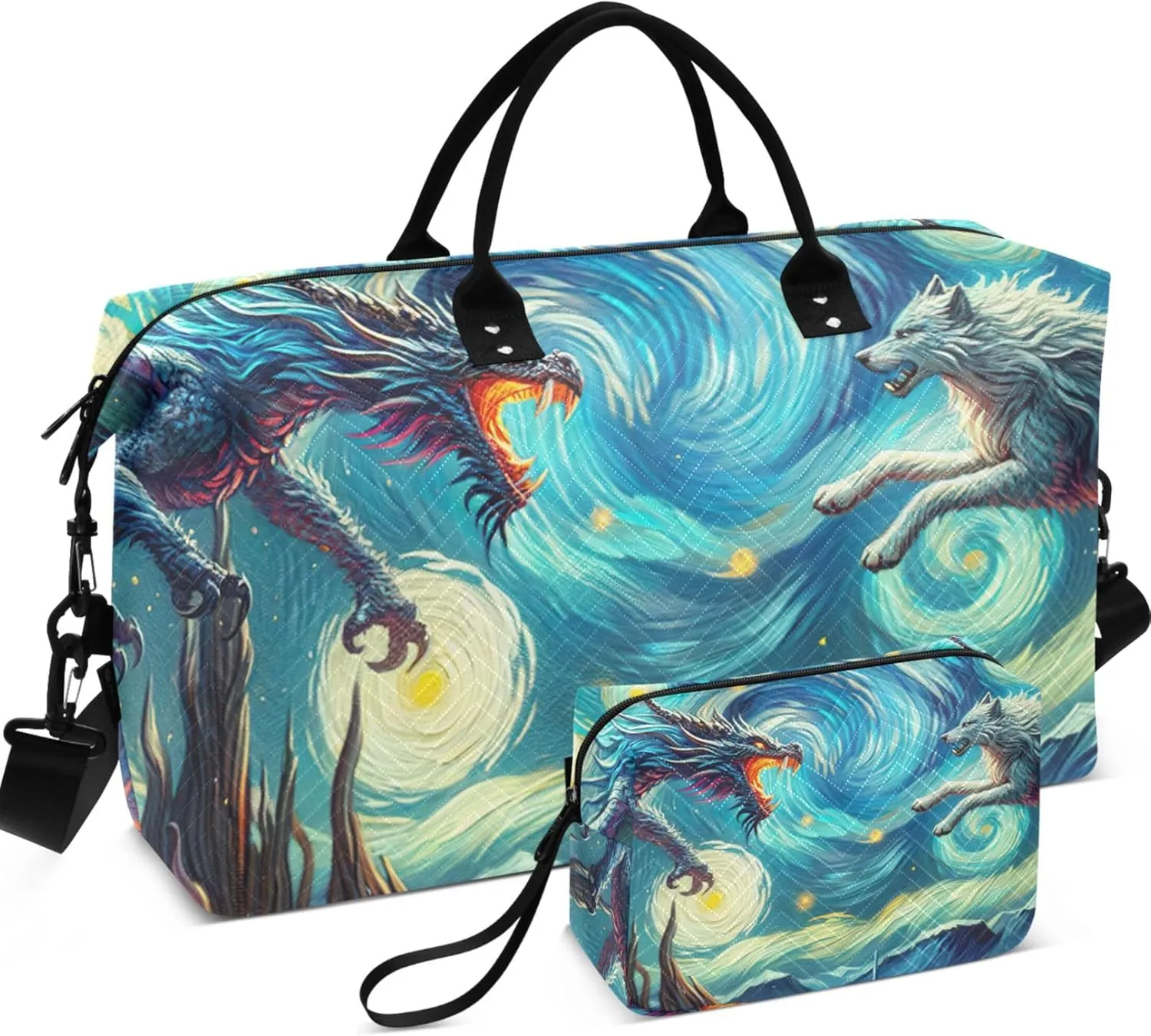 Dragon Vs Wolf in Starry Night by Van Duffle Bag Travel Makeup Bag Set of 2, Print Gym Bag Small Overnight Hospital Bag