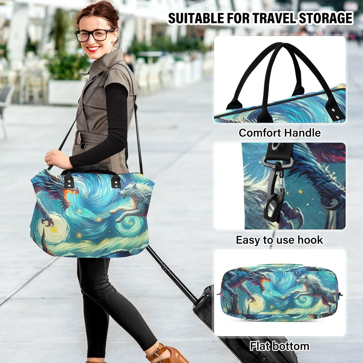 Dragon Vs Wolf in Starry Night by Van Duffle Bag Travel Makeup Bag Set of 2, Print Gym Bag Small Overnight Hospital Bag