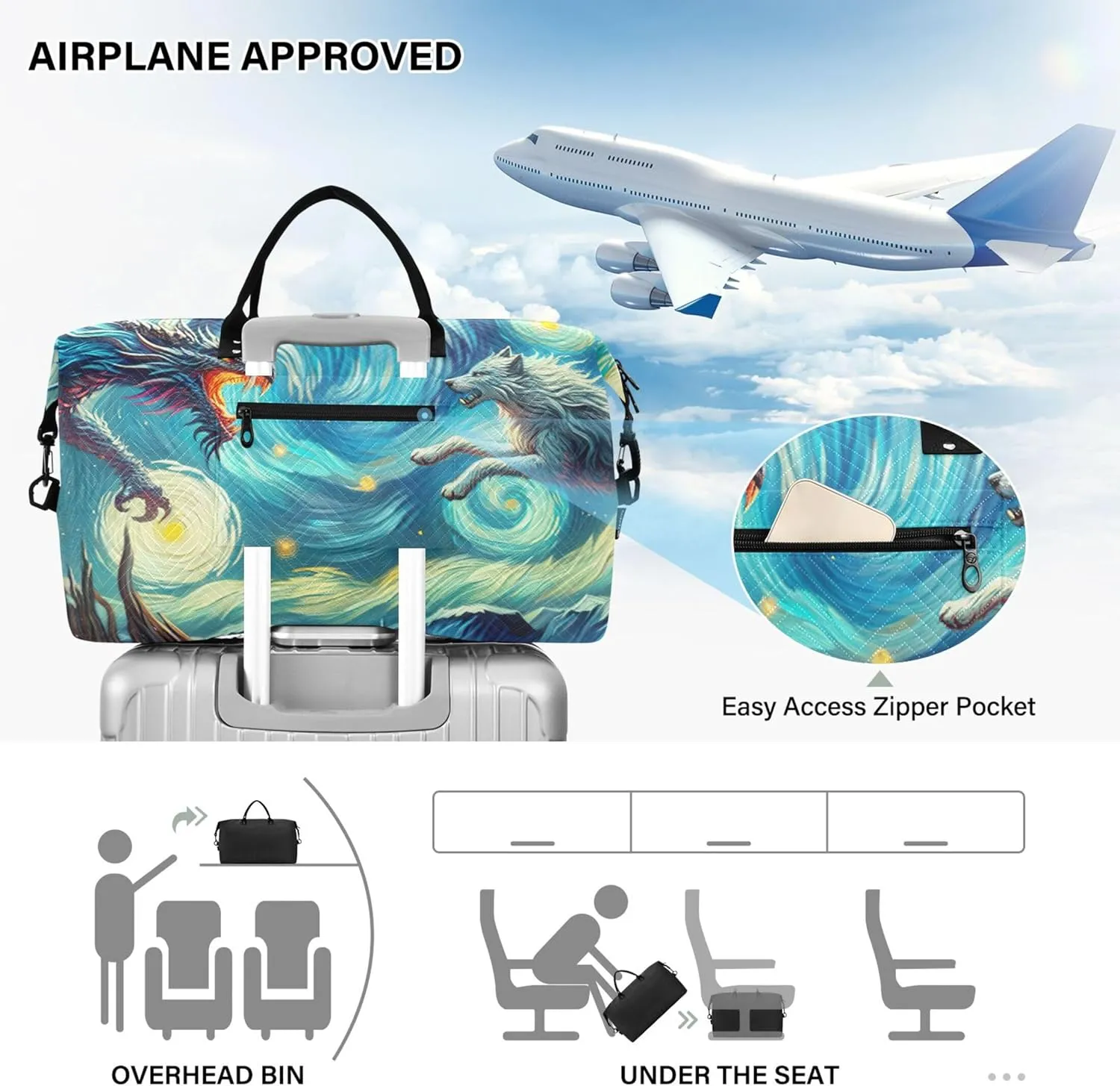 Dragon Vs Wolf in Starry Night by Van Duffle Bag Travel Makeup Bag Set of 2, Print Gym Bag Small Overnight Hospital Bag