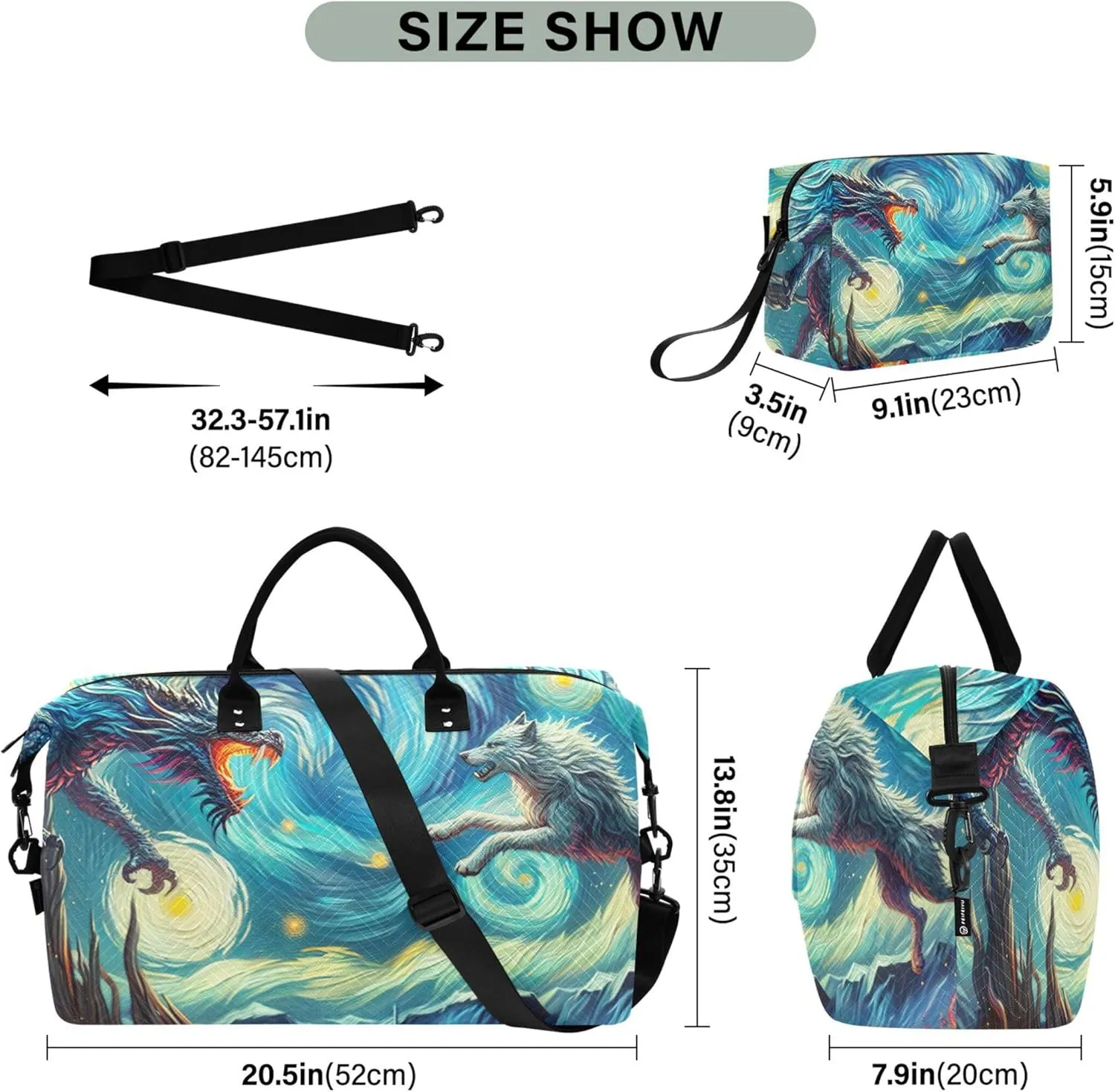 Dragon Vs Wolf in Starry Night by Van Duffle Bag Travel Makeup Bag Set of 2, Print Gym Bag Small Overnight Hospital Bag