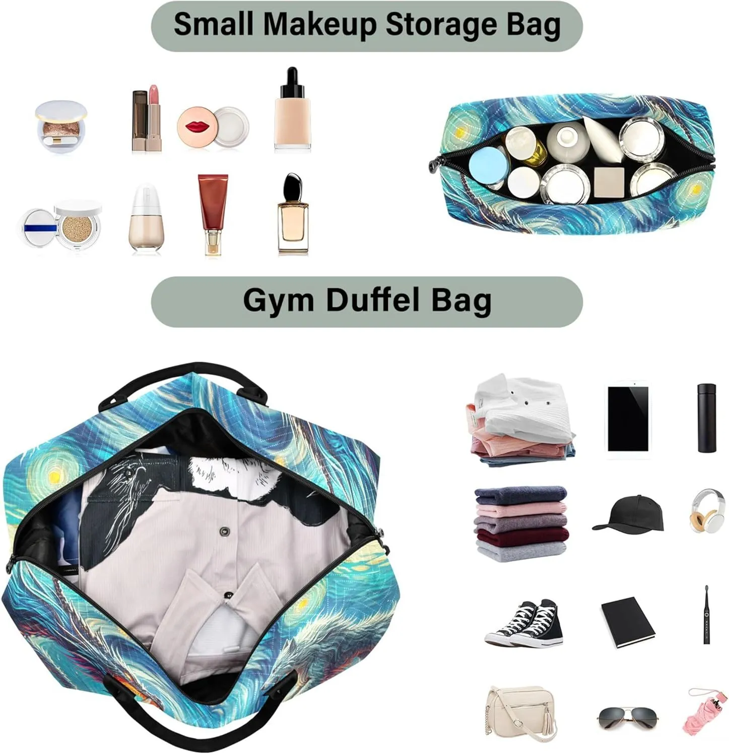 Dragon Vs Wolf in Starry Night by Van Duffle Bag Travel Makeup Bag Set of 2, Print Gym Bag Small Overnight Hospital Bag