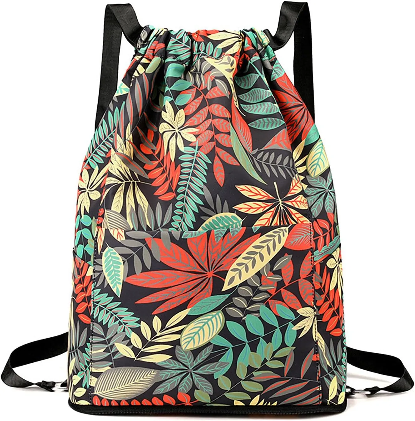 Drawstring Backpack Bag, Waterproof Draw String Back Sack with Zipper Pocket, Gym Drawstring Backpack Swimming Bag for Men Women, Pack of 1, Colorful Leaves Printed (Waterproof, Black Leaves)