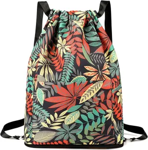 Drawstring Backpack Bag, Waterproof Draw String Back Sack with Zipper Pocket, Gym Drawstring Backpack Swimming Bag for Men Women, Pack of 1, Colorful Leaves Printed (Waterproof, Black Leaves)