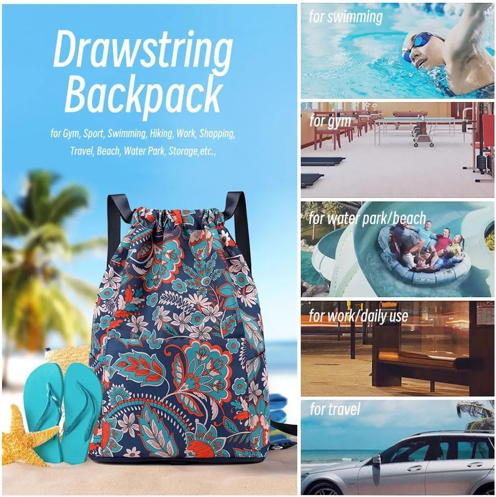 Drawstring Backpack Bag, Waterproof Draw String Back Sack with Zipper Pocket, Gym Drawstring Backpack Swimming Bag for Men Women, Pack of 1, Colorful Leaves Printed (Waterproof, Black Leaves)