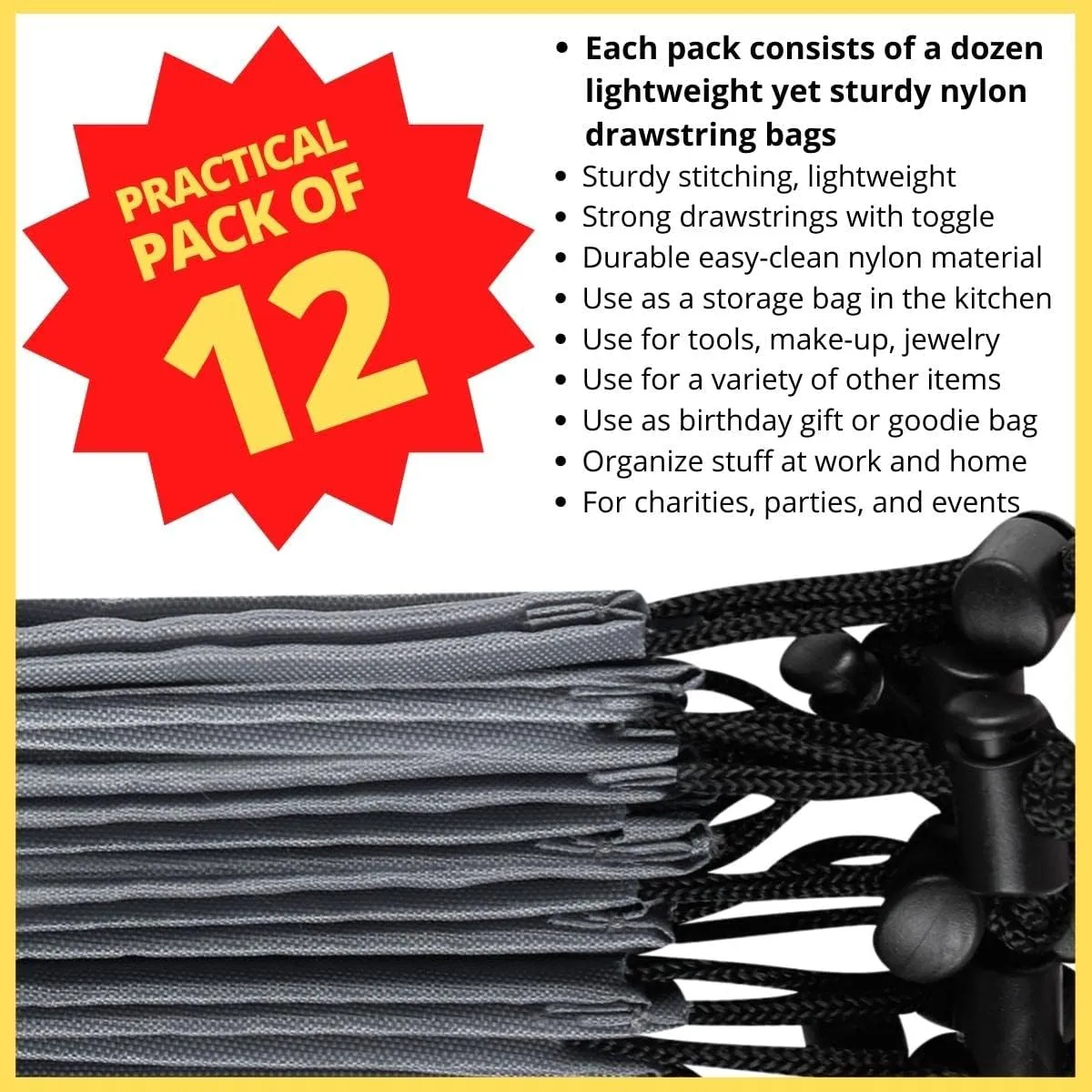 Drawstring Bag - Nylon Cinch and Ditty Stuff Pouch with Toggle (5 x 7-12 pack, Grey)
