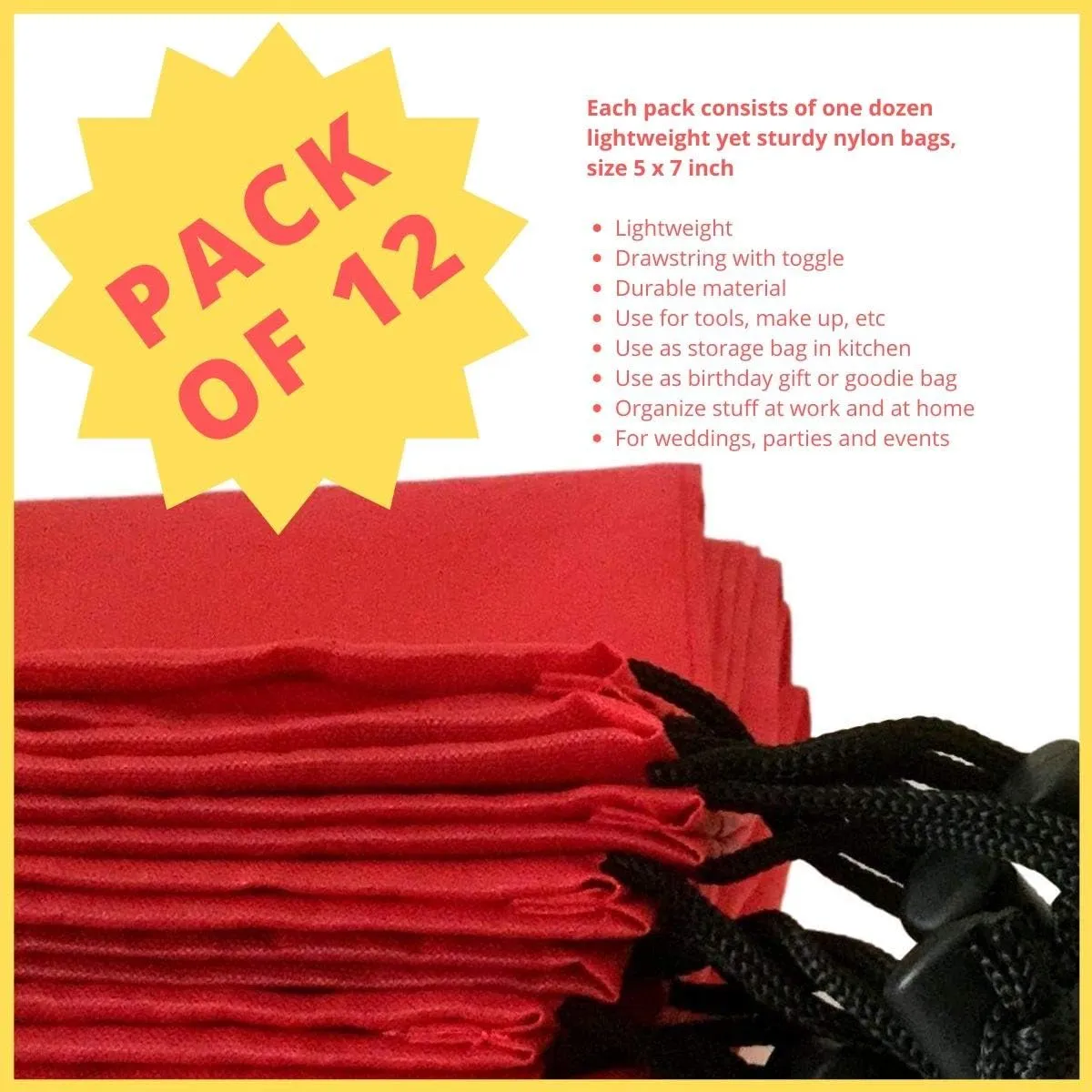 Drawstring Bag - Nylon Cinch and Ditty Stuff Pouch with Toggle (5 x 7-12 pack, Red)