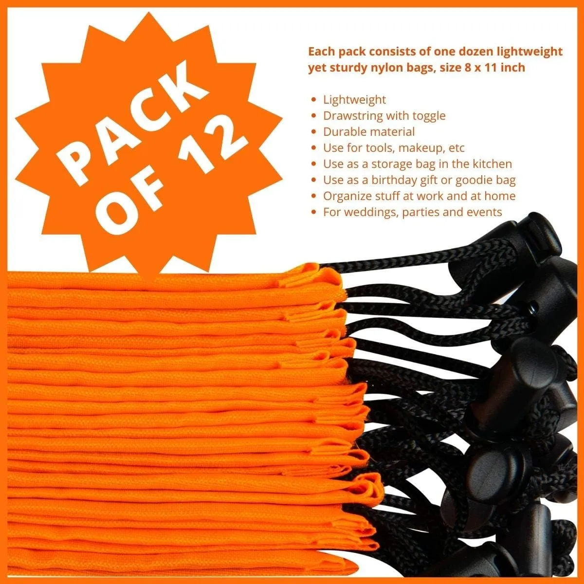 Drawstring Bag - Nylon Cinch and Ditty Stuff Pouch with Toggle (8 x 11-12 pack, Orange)