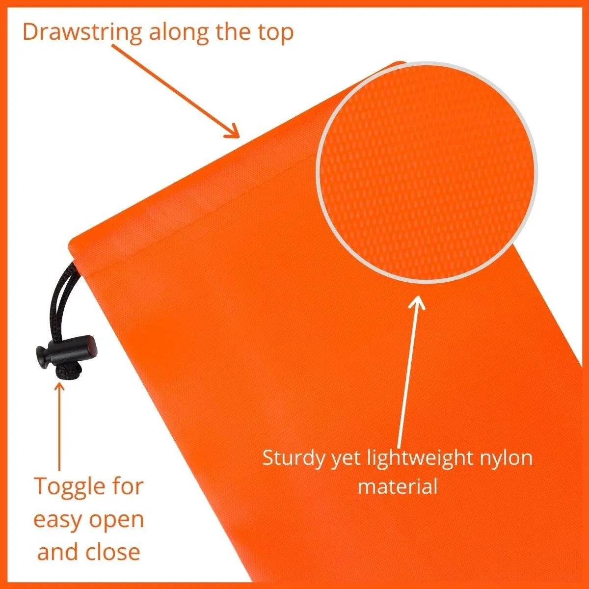 Drawstring Bag - Nylon Cinch and Ditty Stuff Pouch with Toggle (8 x 11-12 pack, Orange)