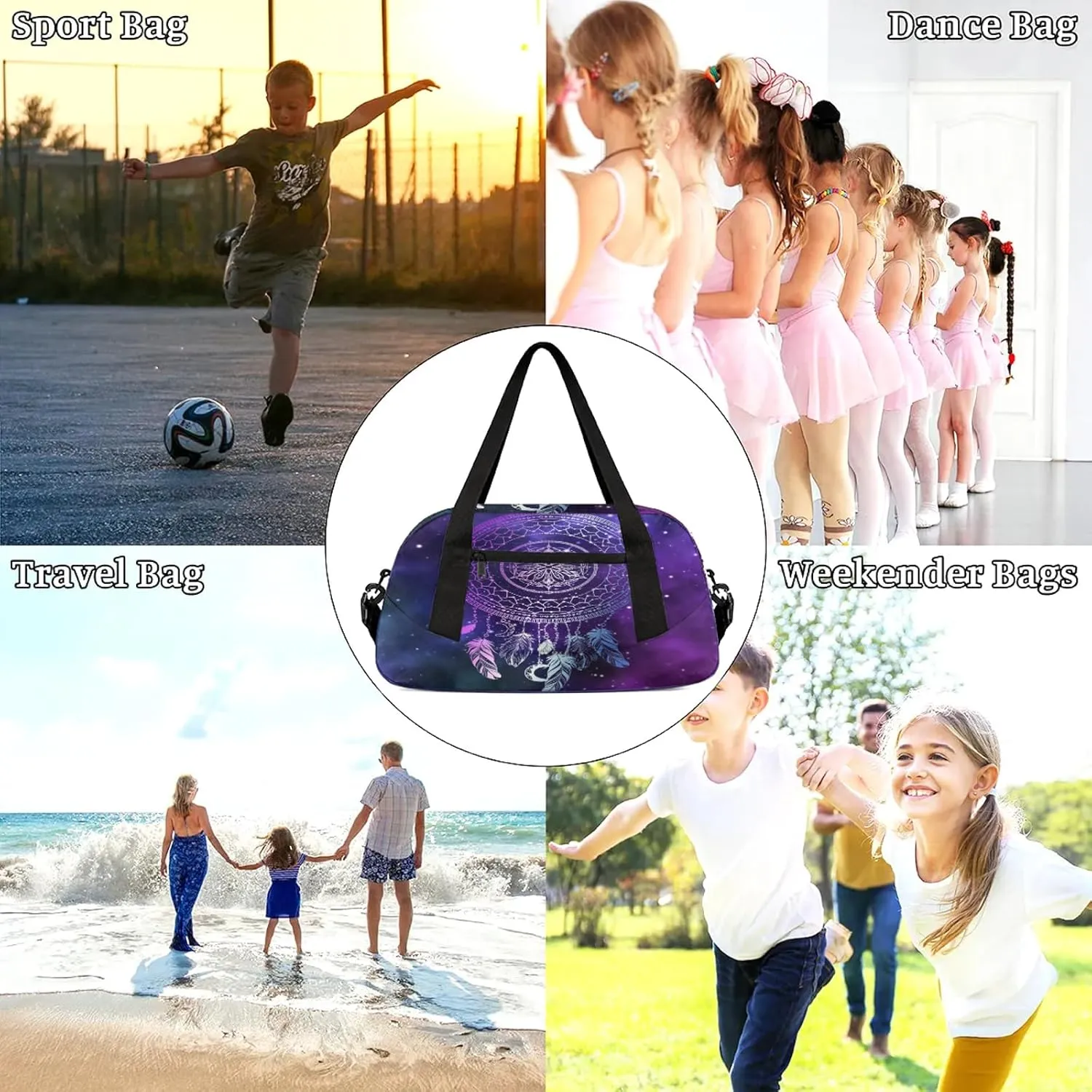 Dreamcatcher Feathers Kids Duffel Bag Lightweight Waterproof Sports Gym Bag with Front Zipper Pocket Foldable Weekender Overnight Bag for School Practice Gymnastic Ballet