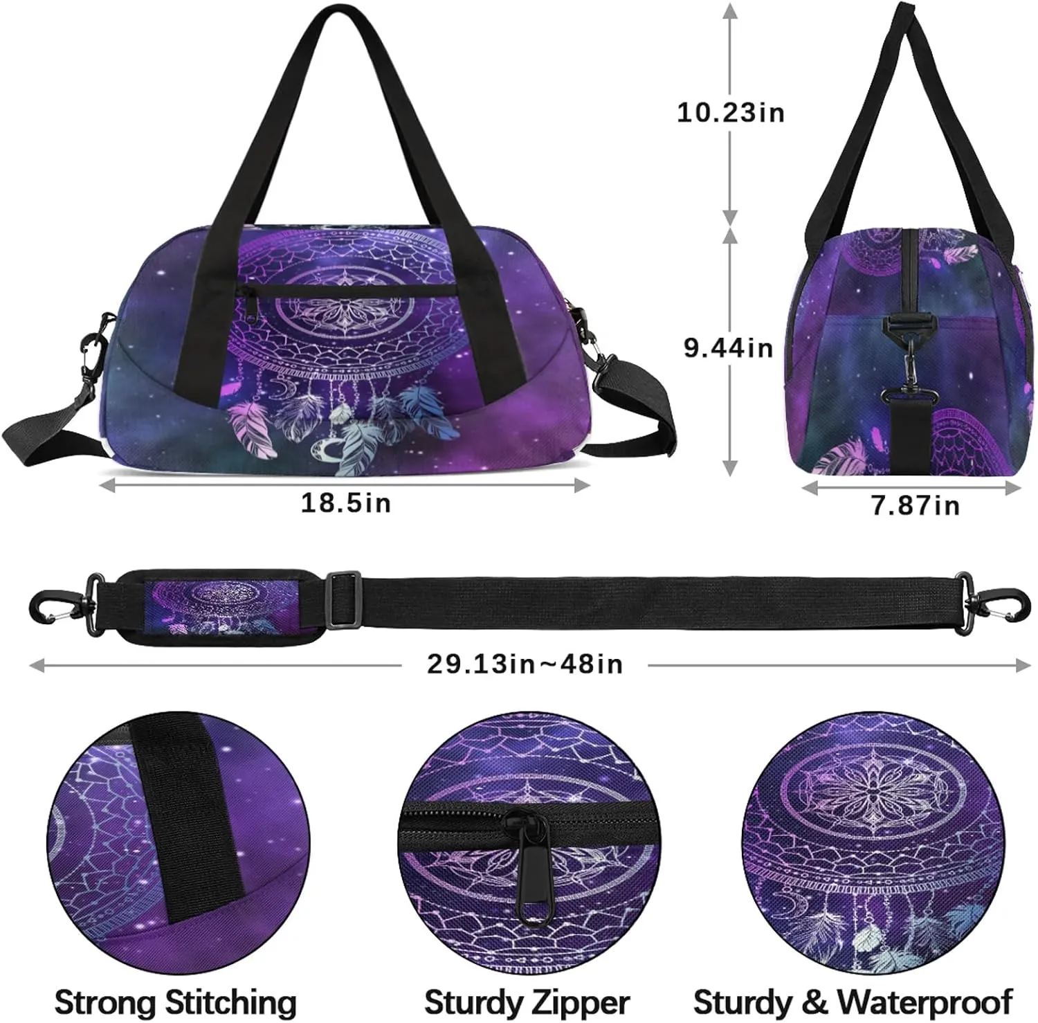 Dreamcatcher Feathers Kids Duffel Bag Lightweight Waterproof Sports Gym Bag with Front Zipper Pocket Foldable Weekender Overnight Bag for School Practice Gymnastic Ballet