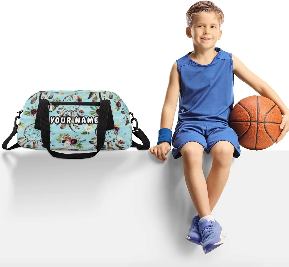 Dreamcatcher Floral Personalized Kids Duffel Bag for Girls Boys, Dreamcatcher Debris Custom Dance Bag Overnight Small Duffel Bag Carry On Sports Travel Bag for School Practice Gymnastics Ballet