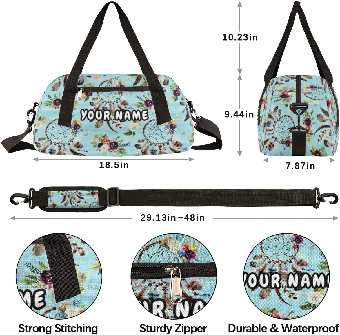 Dreamcatcher Floral Personalized Kids Duffel Bag for Girls Boys, Dreamcatcher Debris Custom Dance Bag Overnight Small Duffel Bag Carry On Sports Travel Bag for School Practice Gymnastics Ballet