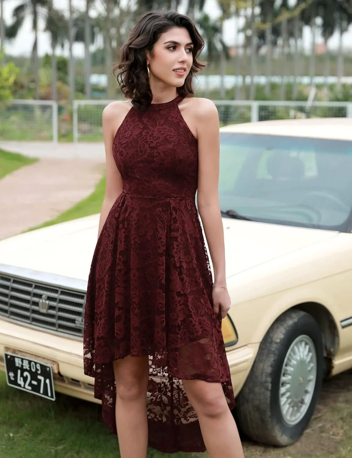 Dressystar Women Halter Lace Wedding Guest Dress Hi-Lo Cocktail Party Bridesmaid Formal Dresses