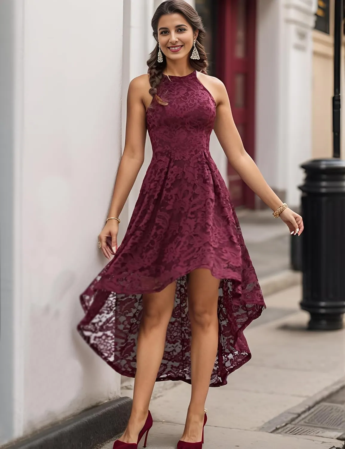 Dressystar Women Halter Lace Wedding Guest Dress Hi-Lo Cocktail Party Bridesmaid Formal Dresses