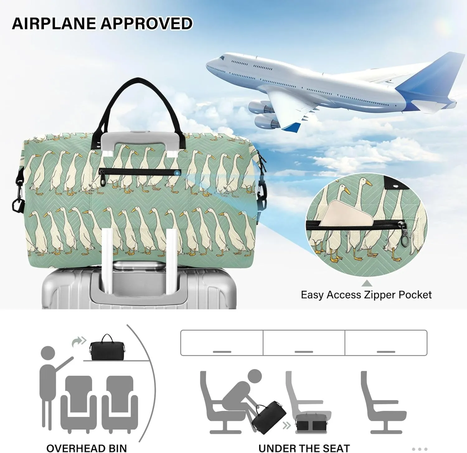 Duck Rows Funny Travel Bag Duffel Cosmetic Pouch Set, Animal Print Women Luggage Bag Weekend Bag Duffel
