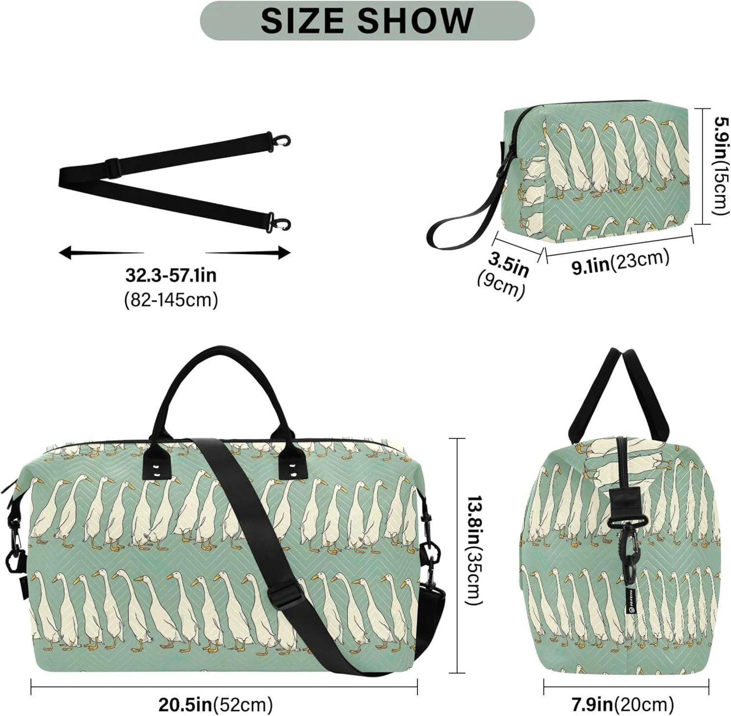Duck Rows Funny Travel Bag Duffel Cosmetic Pouch Set, Animal Print Women Luggage Bag Weekend Bag Duffel