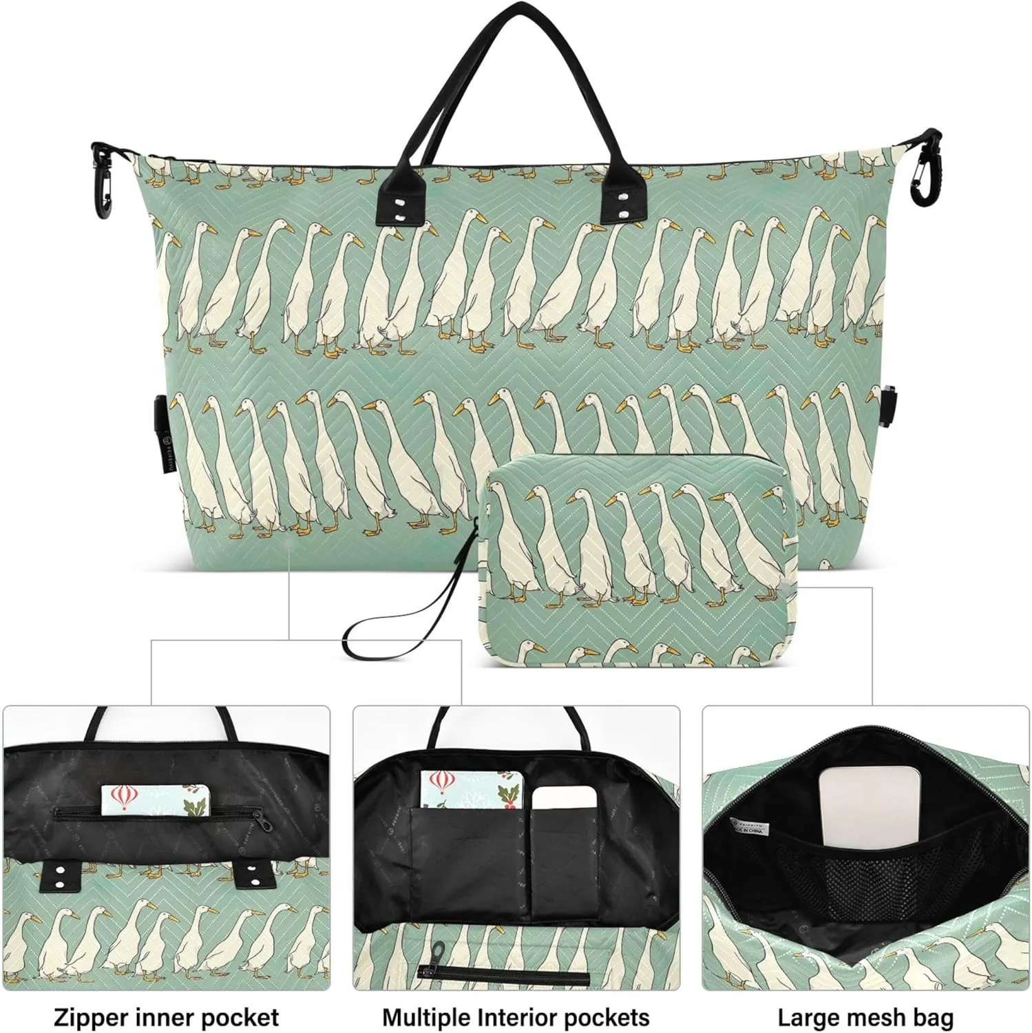 Duck Rows Funny Travel Bag Duffel Cosmetic Pouch Set, Animal Print Women Luggage Bag Weekend Bag Duffel