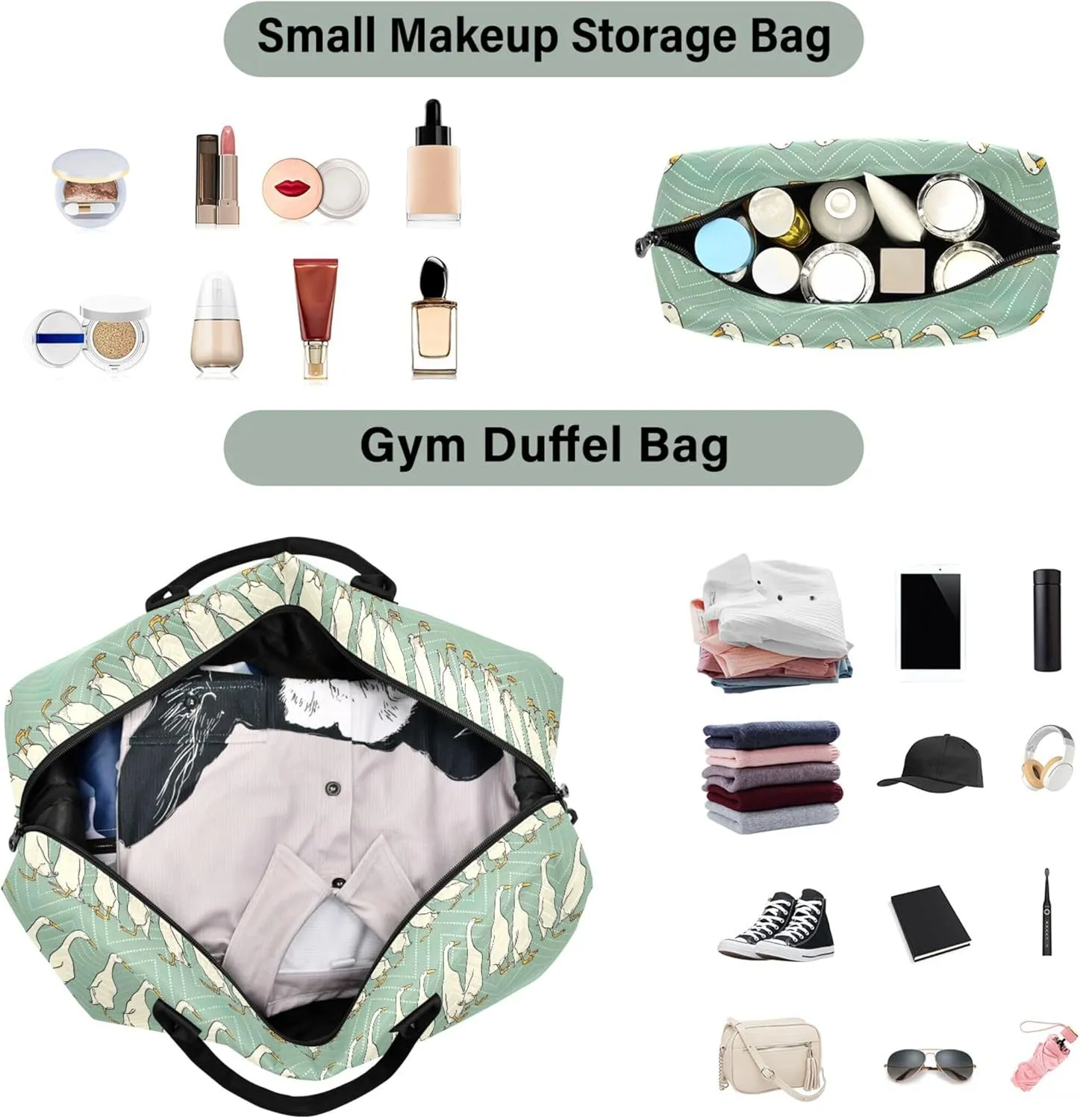 Duck Rows Funny Travel Bag Duffel Cosmetic Pouch Set, Animal Print Women Luggage Bag Weekend Bag Duffel