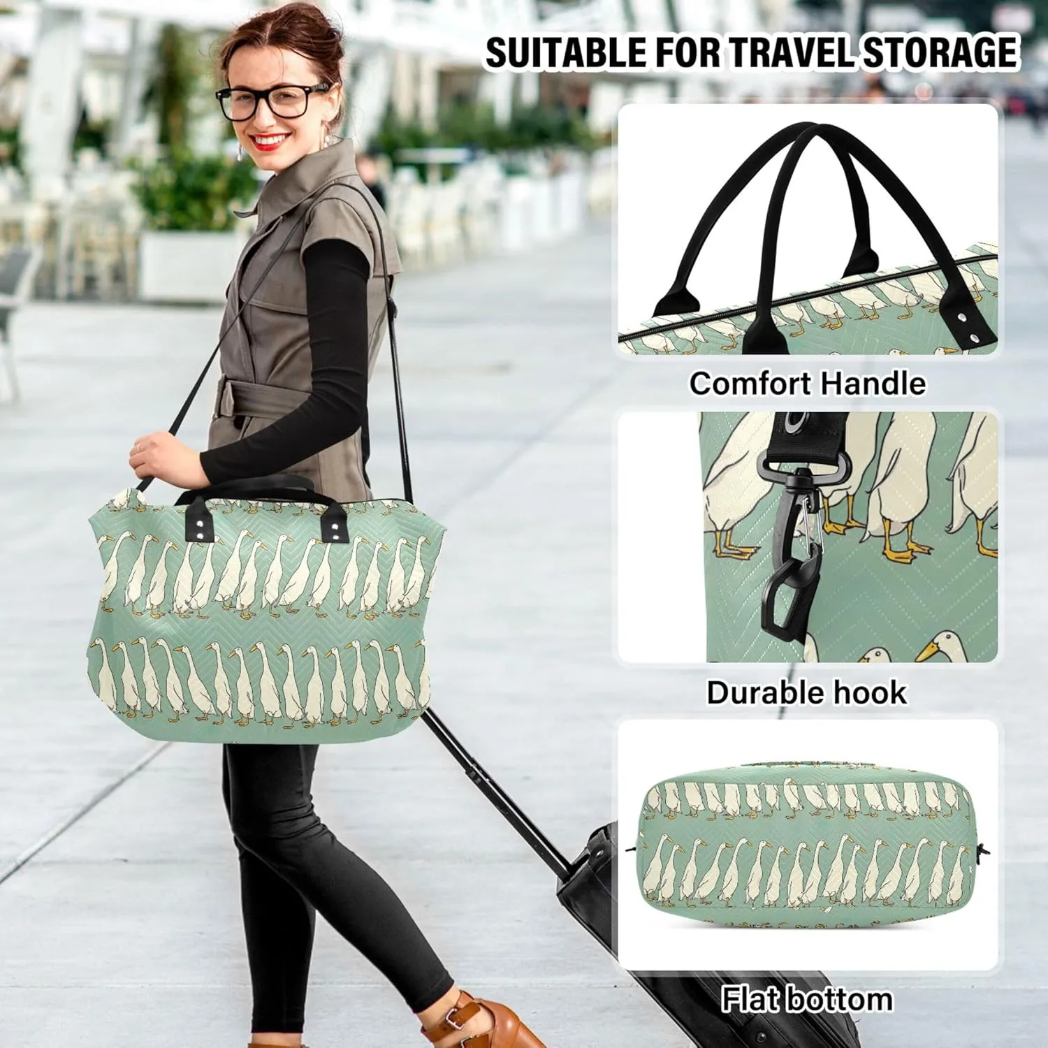 Duck Rows Funny Travel Bag Duffel Cosmetic Pouch Set, Animal Print Women Luggage Bag Weekend Bag Duffel