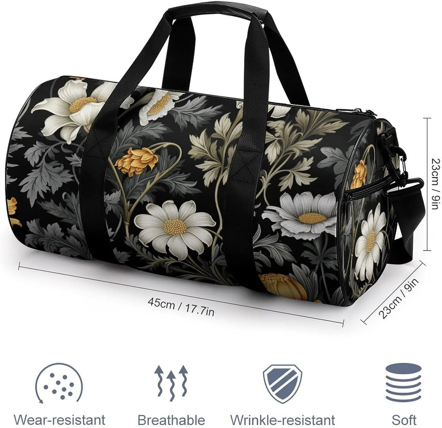 Duffel Bag for Men Women Gym Bag Black Floral Pattern Travel Duffel Bag Waterproof Overnight Bag for Sports Workout