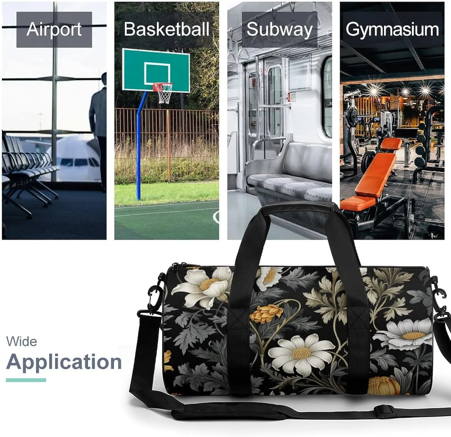 Duffel Bag for Men Women Gym Bag Black Floral Pattern Travel Duffel Bag Waterproof Overnight Bag for Sports Workout