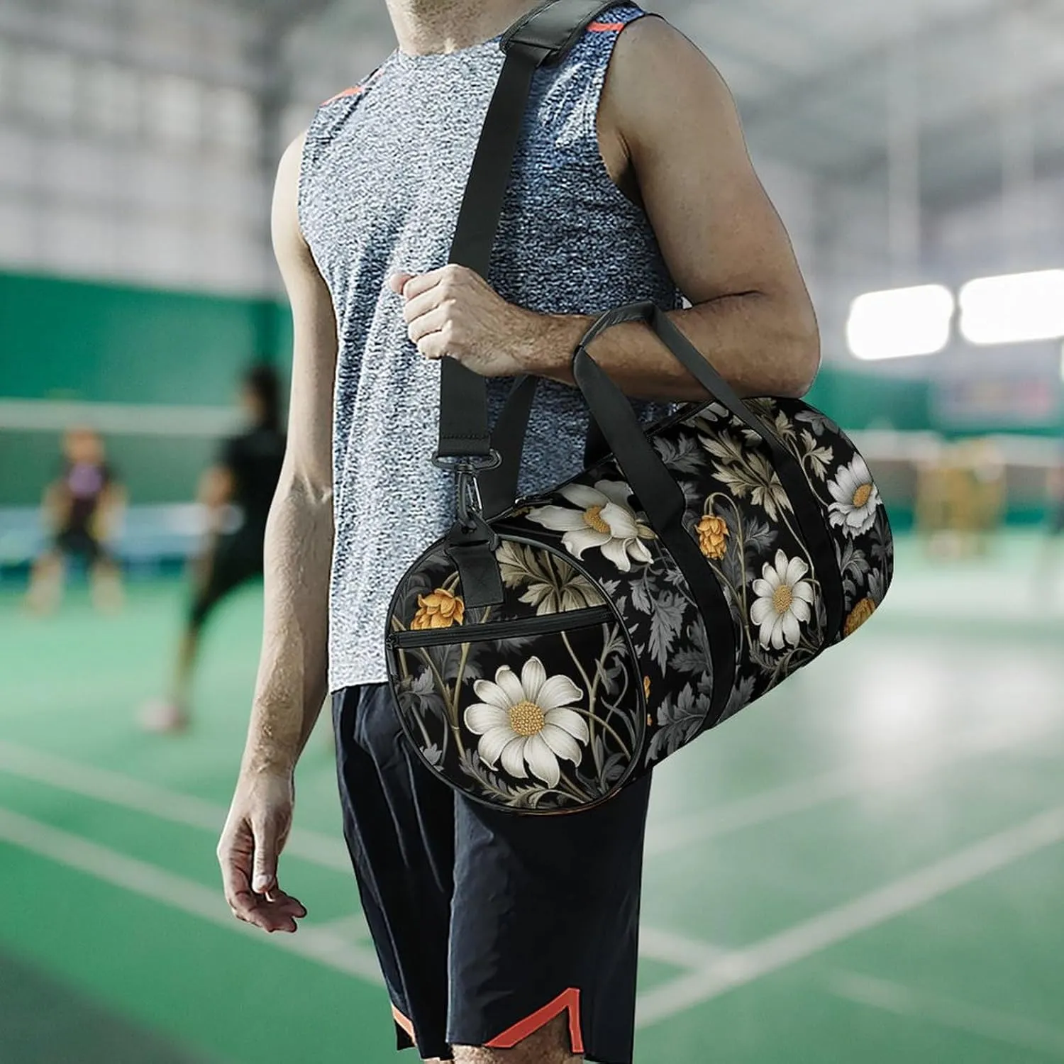 Duffel Bag for Men Women Gym Bag Black Floral Pattern Travel Duffel Bag Waterproof Overnight Bag for Sports Workout