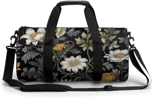 Duffel Bag for Men Women Gym Bag Black Floral Pattern Travel Duffel Bag Waterproof Overnight Bag for Sports Workout