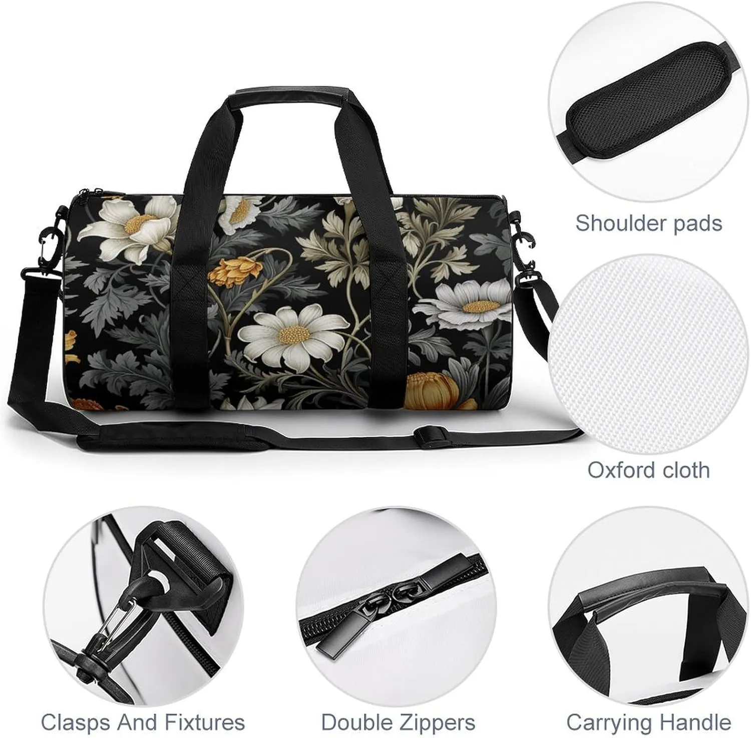 Duffel Bag for Men Women Gym Bag Black Floral Pattern Travel Duffel Bag Waterproof Overnight Bag for Sports Workout