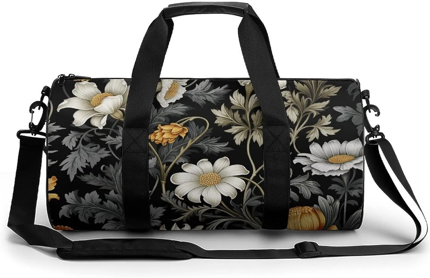 Duffel Bag for Men Women Gym Bag Black Floral Pattern Travel Duffel Bag Waterproof Overnight Bag for Sports Workout