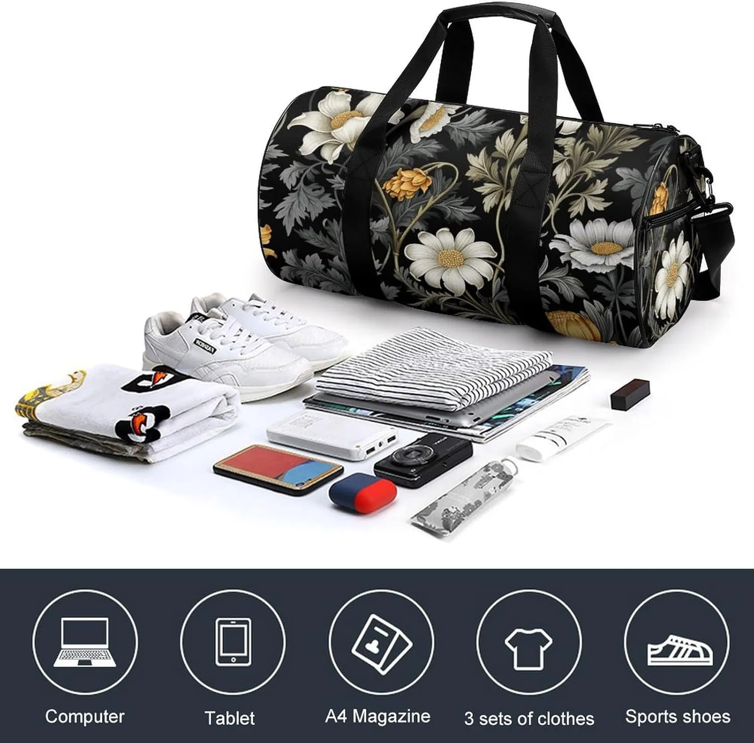 Duffel Bag for Men Women Gym Bag Black Floral Pattern Travel Duffel Bag Waterproof Overnight Bag for Sports Workout